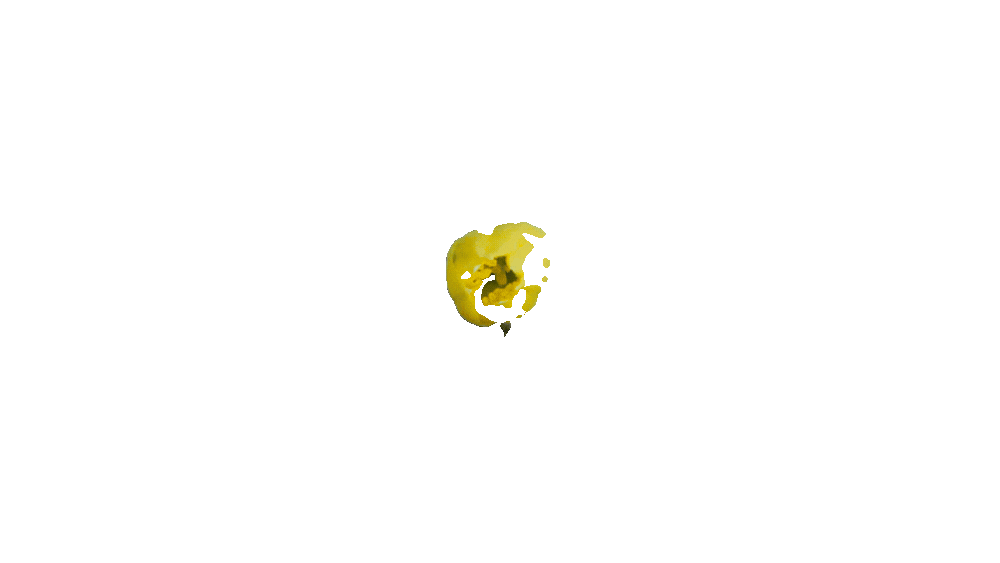 Close-up of a partially eaten yellow fruit, possibly a lemon, with a plain green background.