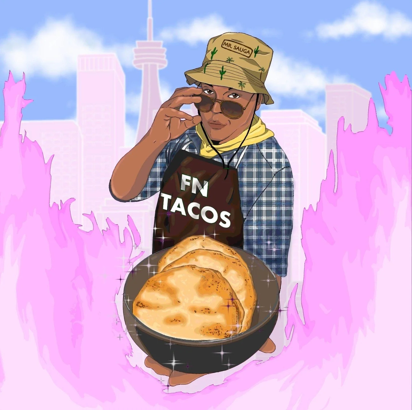 An animated man wearing sunglasses, a bucket hat labeled 'MR. SAUGA', and a plaid shirt, holding a plate of bannock with pink flames in the background and a city skyline.