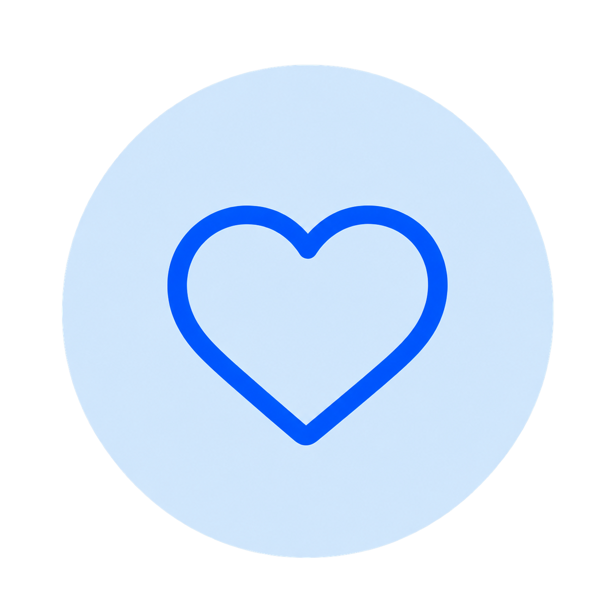 A circular white button with a blue outline of a heart at the center.
