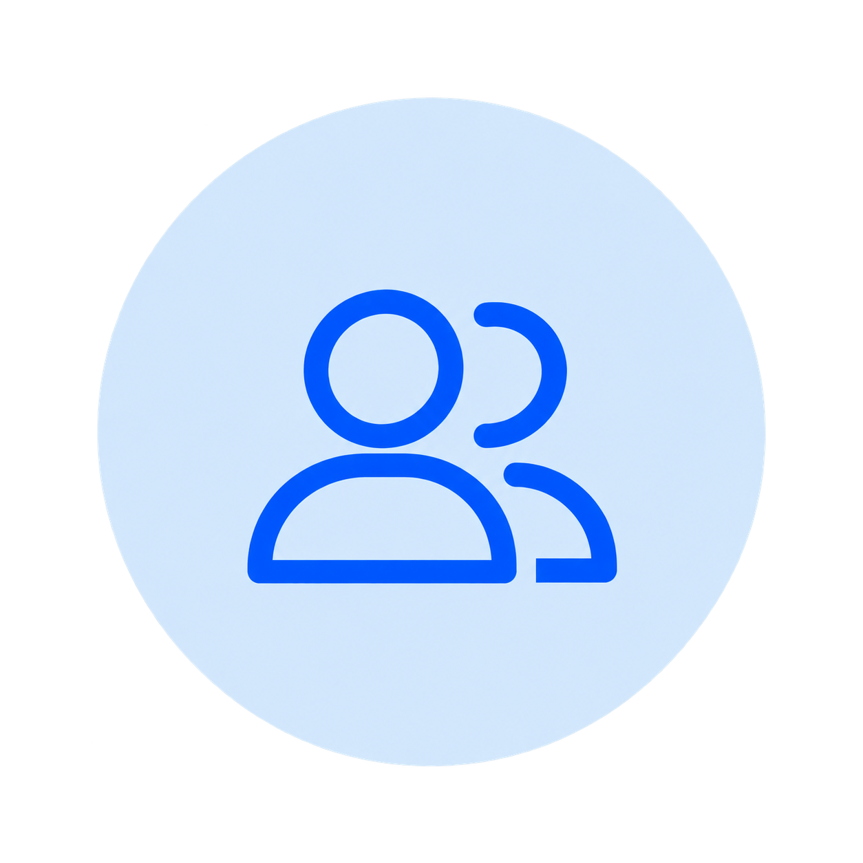 Icon of two blue user profiles, one in front and one slightly behind, on a light blue circular background.