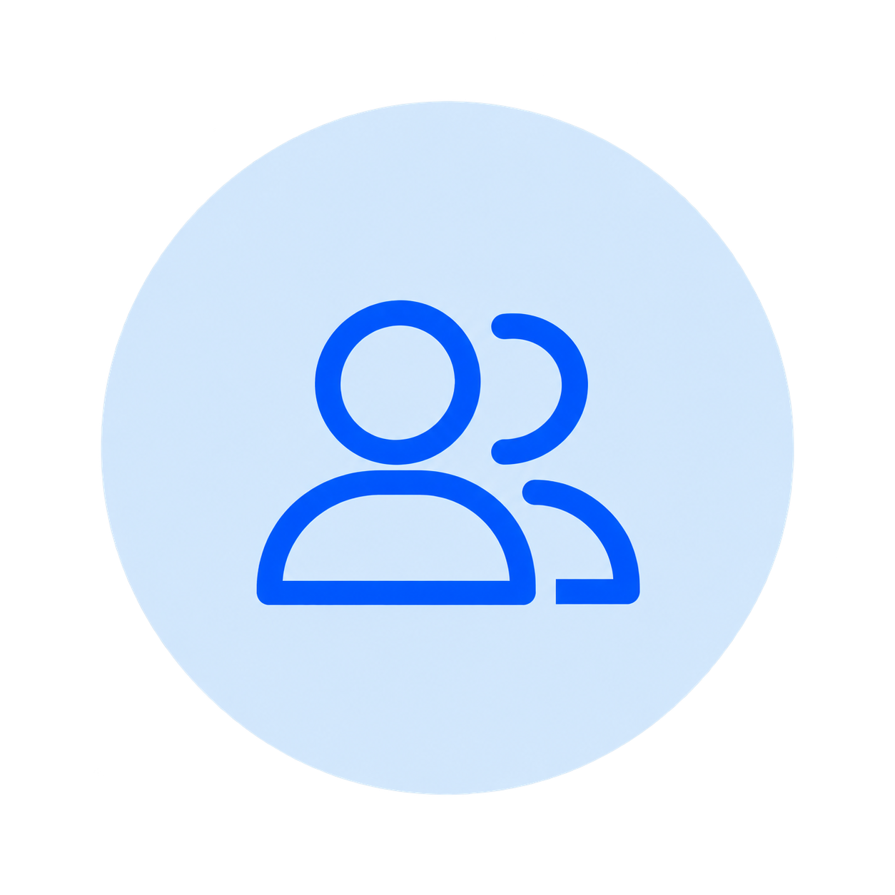 Icon of two blue user profiles, one in front and one behind, on a light blue circular background.