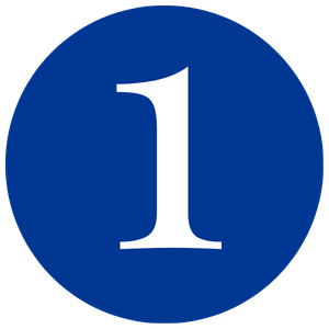 A blue circular sign with a white number one in the center.