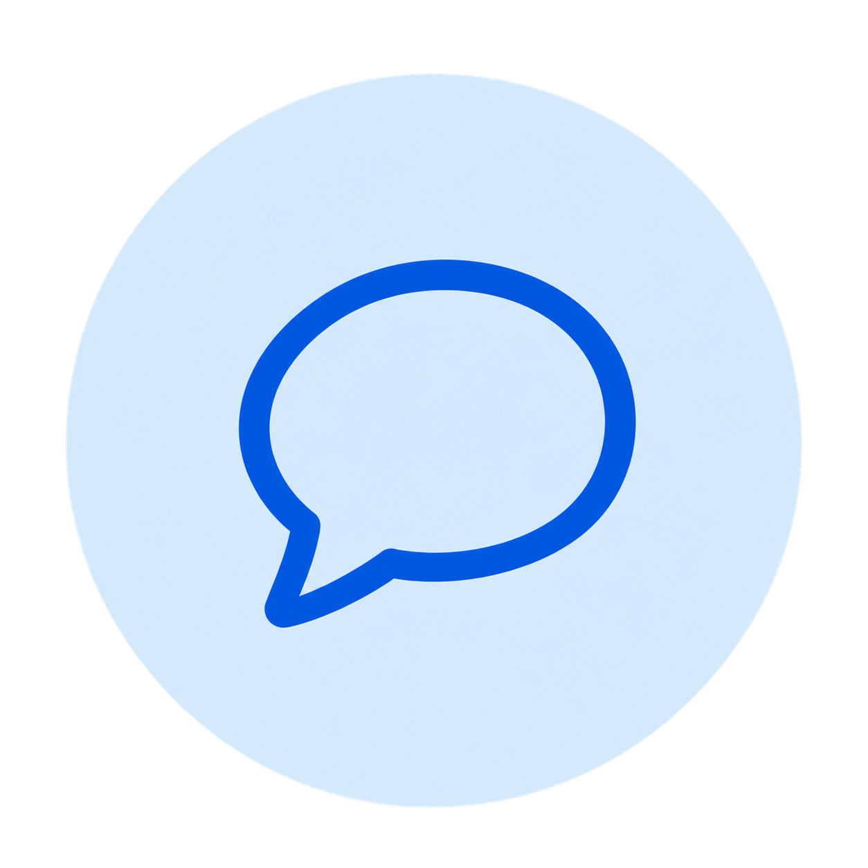 Blue speech bubble icon on a light blue circular background.