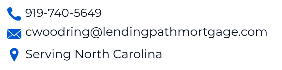 Business card with contact information including phone number, email, and location in North Carolina.
