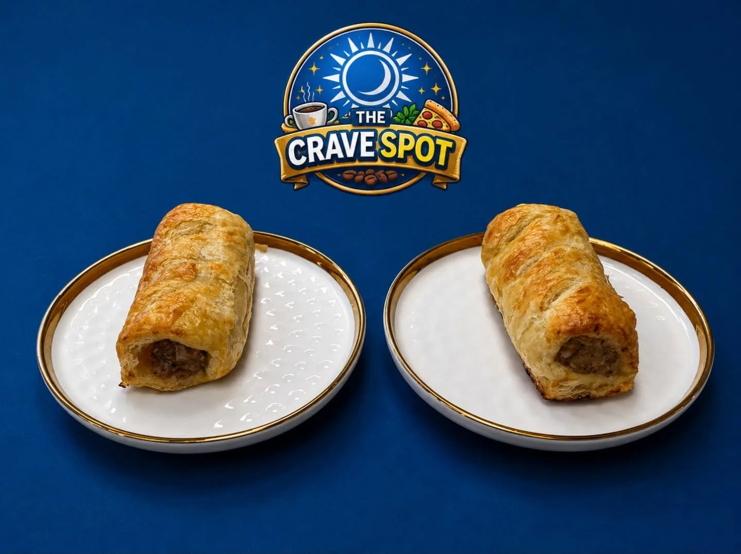 Two sausage wrapped in pastry rolls on white plates with gold rims, set on a blue surface, with a logo reading "The Crave Spot" featuring a moon, coffee, pizza, and coffee beans.