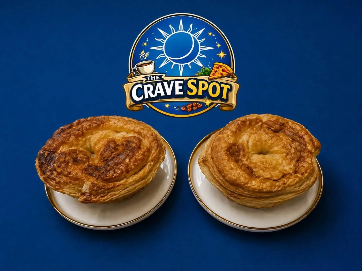 Two sausage rolls on white plates with gold rims placed on a blue surface. A box at the top features the logo 'The Crave Spot' with a sun, moon, stars, coffee, pizza, and coffee beans in the design.