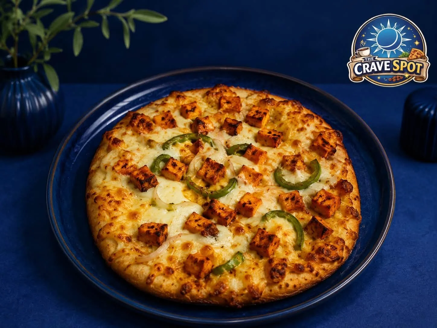 Cheese pizza topped with grilled chicken pieces and green pepper slices on a blue plate, with blue vases and a blue tablecloth in the background.