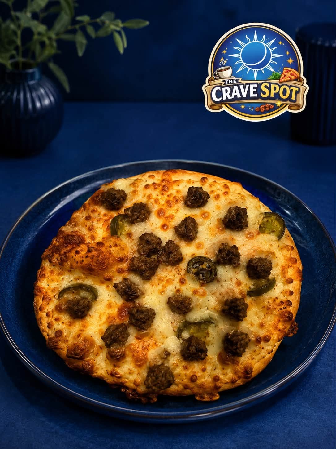 A pizza with cheese, sausage, and jalapeño slices on a blue plate, with a blue tablecloth background and potted plants.