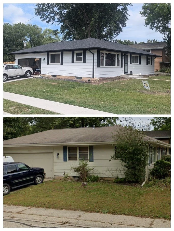 Before and after exterior project with updated roofing and siding