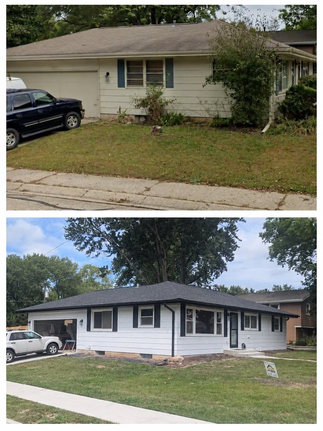 Exterior renovation before and after: original beige house above, completed white siding and dark trim below