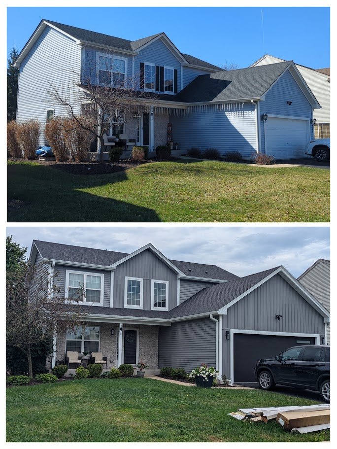 Before and after exterior renovation on a two-story home