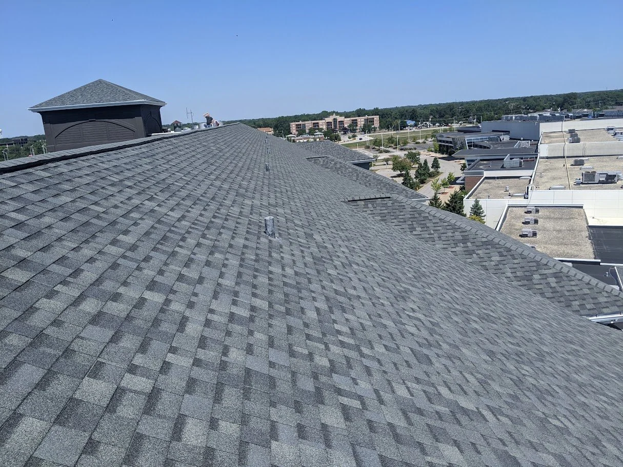 Completed shingle roof viewed from above