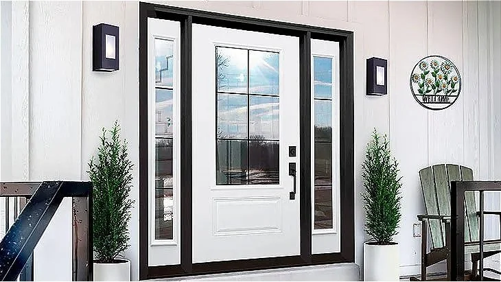 Exterior entry door with decorative glass and sidelights, illustrative image