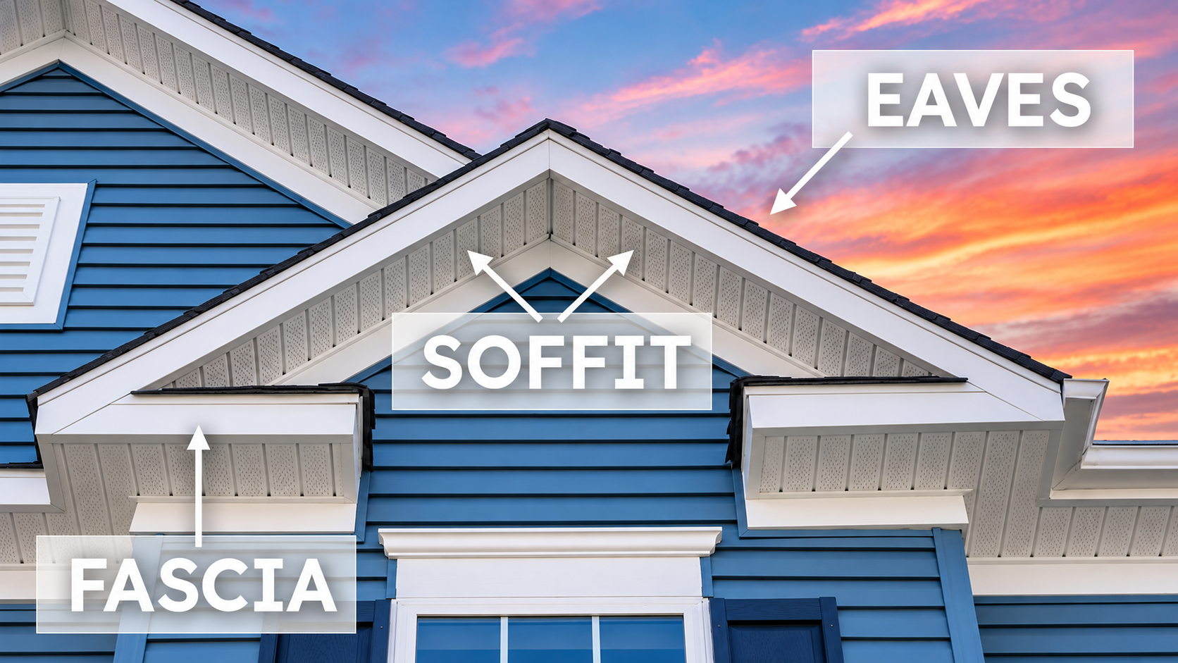 Diagram labeling eaves, soffit, and fascia on a blue-sided home