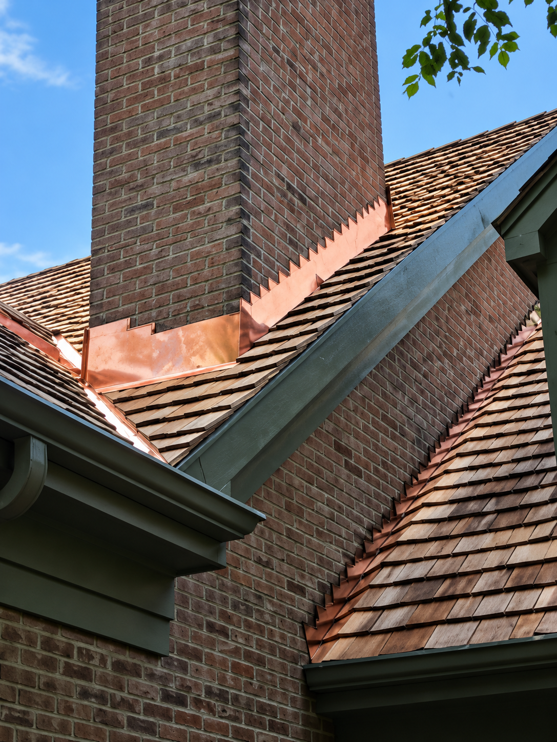 Copper counterflashing installed around a brick chimney on a cedar shake roof