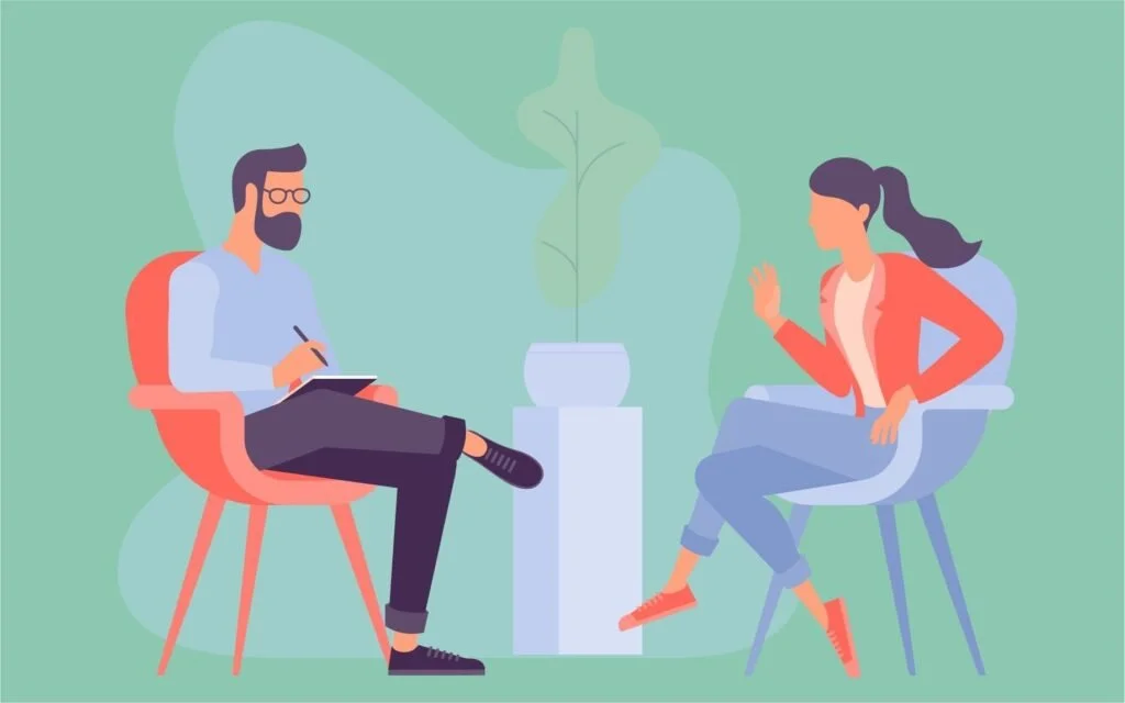 Illustration of a therapy session with a male therapist taking notes and a female patient animatedly talking, seated in chairs in a room with a potted plant.
