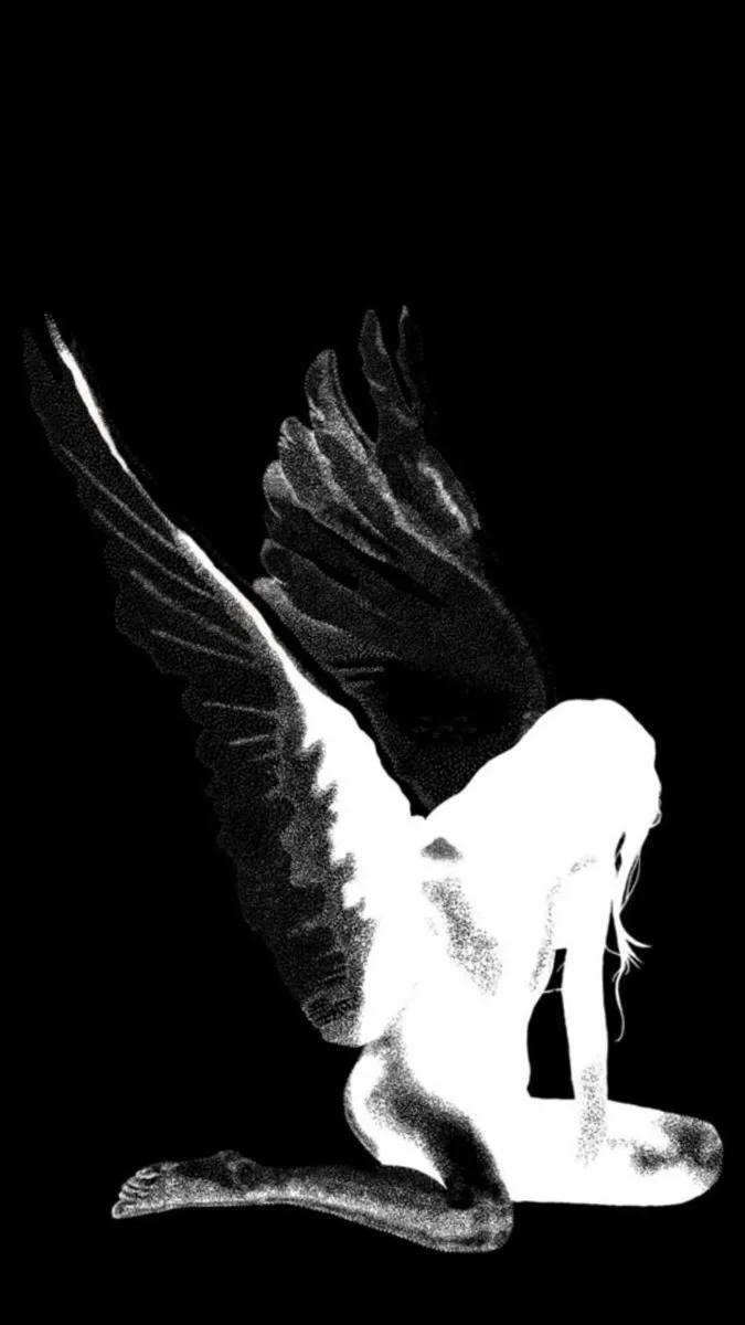 A black and white artistic illustration of a mythological creature with the body of a woman and the wings of a bird, in a kneeling pose.