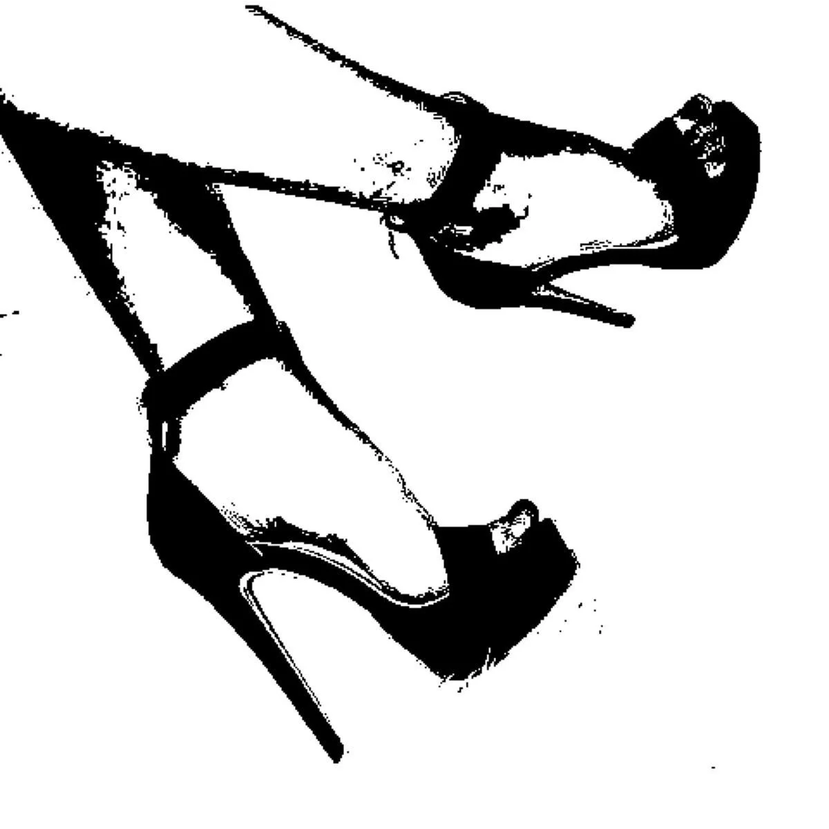 Black and white stencil of a woman wearing high heels and a dress, looking upwards.