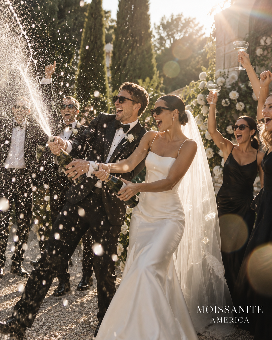 Bride and groom spraying champagne with their wedding party in the sun