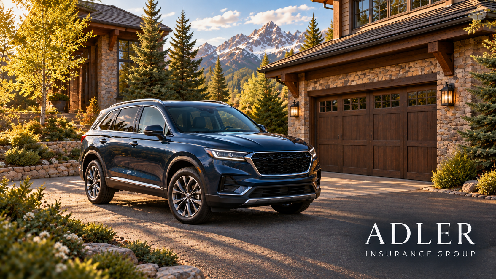 A dark blue SUV parked in front of a house with stone and wood exterior, surrounded by trees and mountains in the background, in a setting sunlit scene.