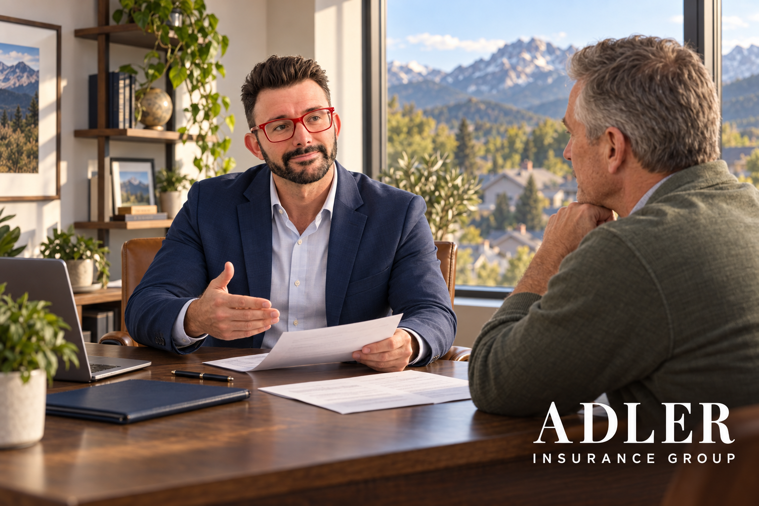 Insurance agent in a blue suit discussing policy details with a male client in an office with mountains seen through the window.