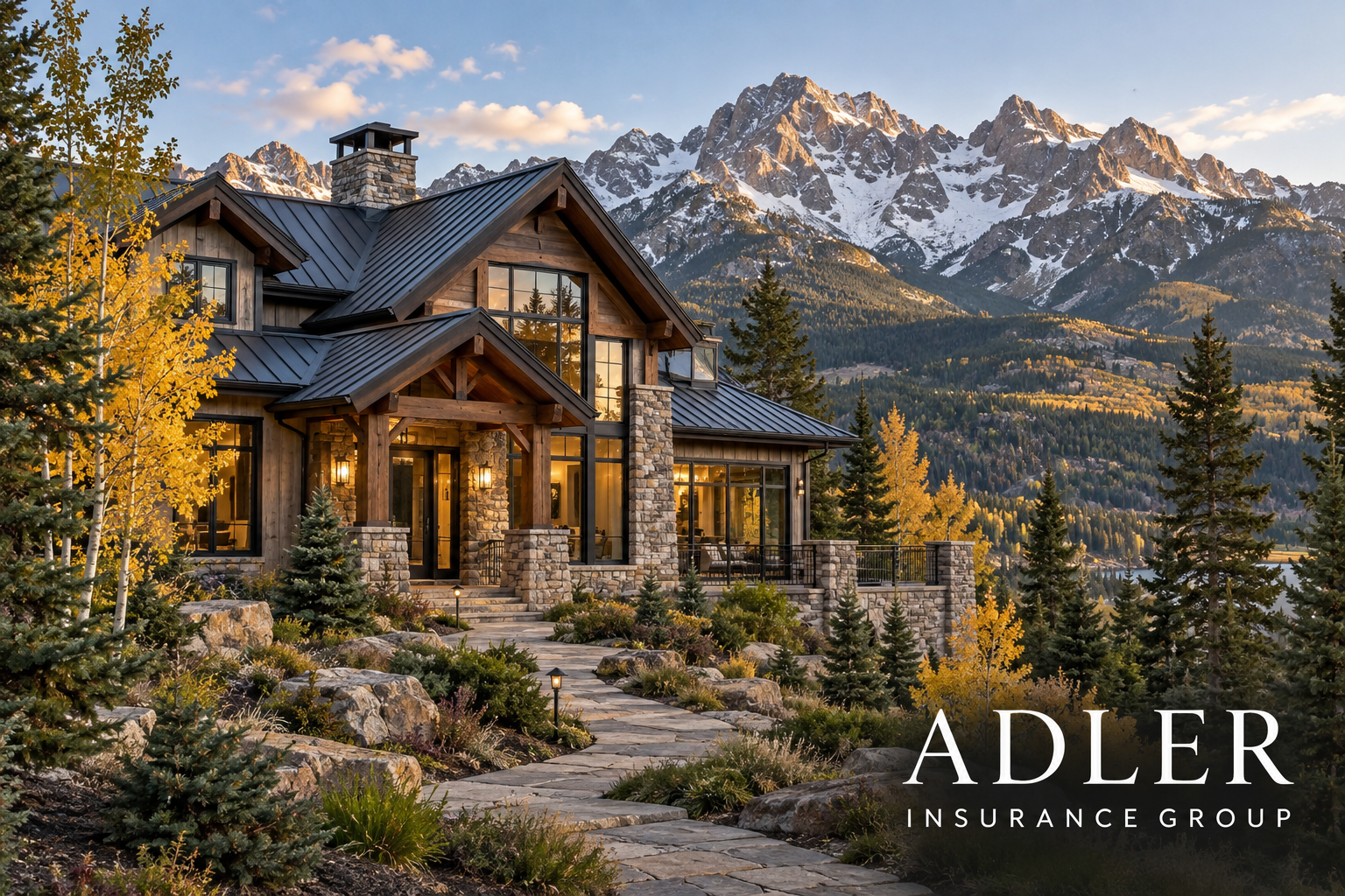 A large house with stone and wood exterior, surrounded by trees with autumn leaves, set against snow-capped mountains in the background.