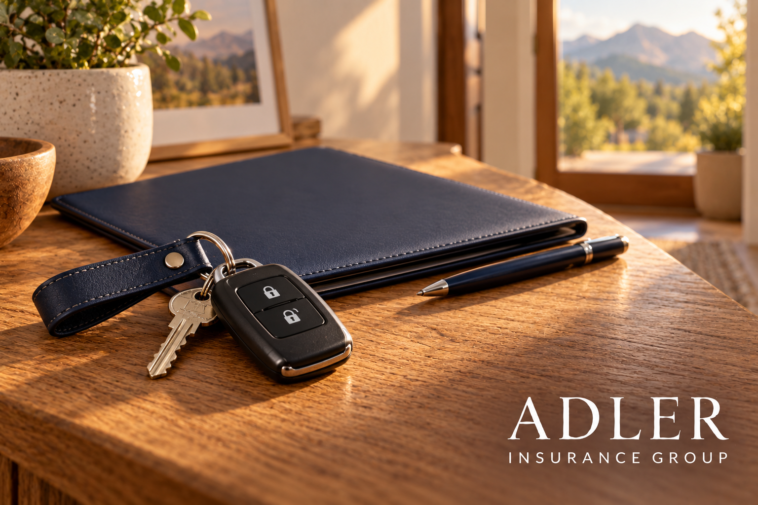 Key fob with locks, a blue leather keychain, a black pen, a closed blue notebook, and potted plants on a wooden table with mountains outside the window, with the logo 'Adler Insurance Group' in the bottom right corner.