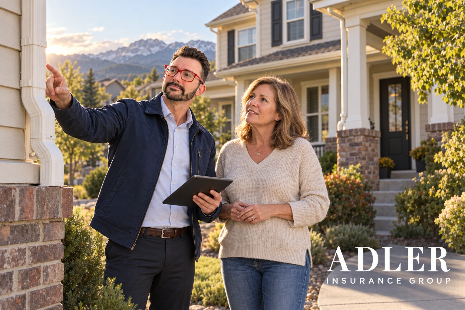 A real estate agent showing a woman a house and pointing at it during the golden hour, with mountains in the background.