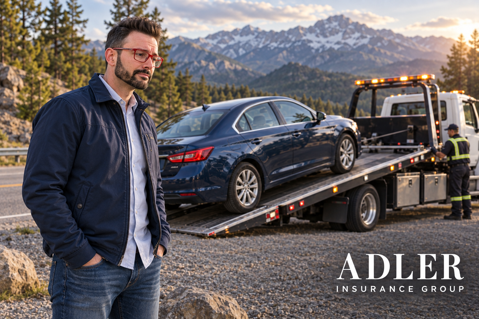 A man in a blue jacket and glasses standing on the side of the road, looking sad, as a car is loaded onto a tow truck with mountainous terrain and trees in the background during sunset, with the logo of Adler Insurance Group in the bottom right corner.