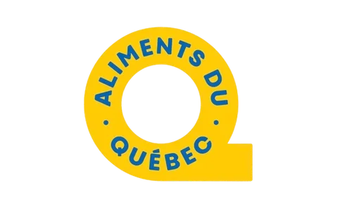 Logo du programme Aliments du Québec, avec un cercle jaune et le texte bleu autour.