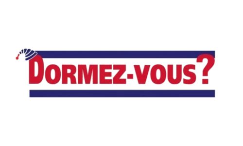 Texte en français 'Dormez-vous?' avec une illustration d'un oiseau de nuit et des bandes de couleur