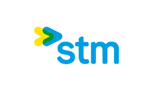 Logo de STM avec des éléments graphiques en vert, jaune et bleu, et le texte 'stm' en blue.