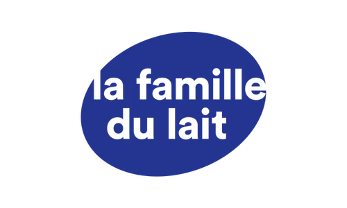 Une illustration avec un cercle bleu contenant le texte 'la famille du lait'.