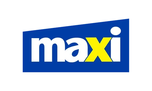 Logo de Maxi avec fond bleu, texte en blanc et jaune.