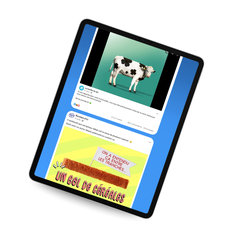 Tablette affichant des publications diverses, dont une image d'une vache en style cartoon, un texte en français sur une frite avec une phrase humoristique.