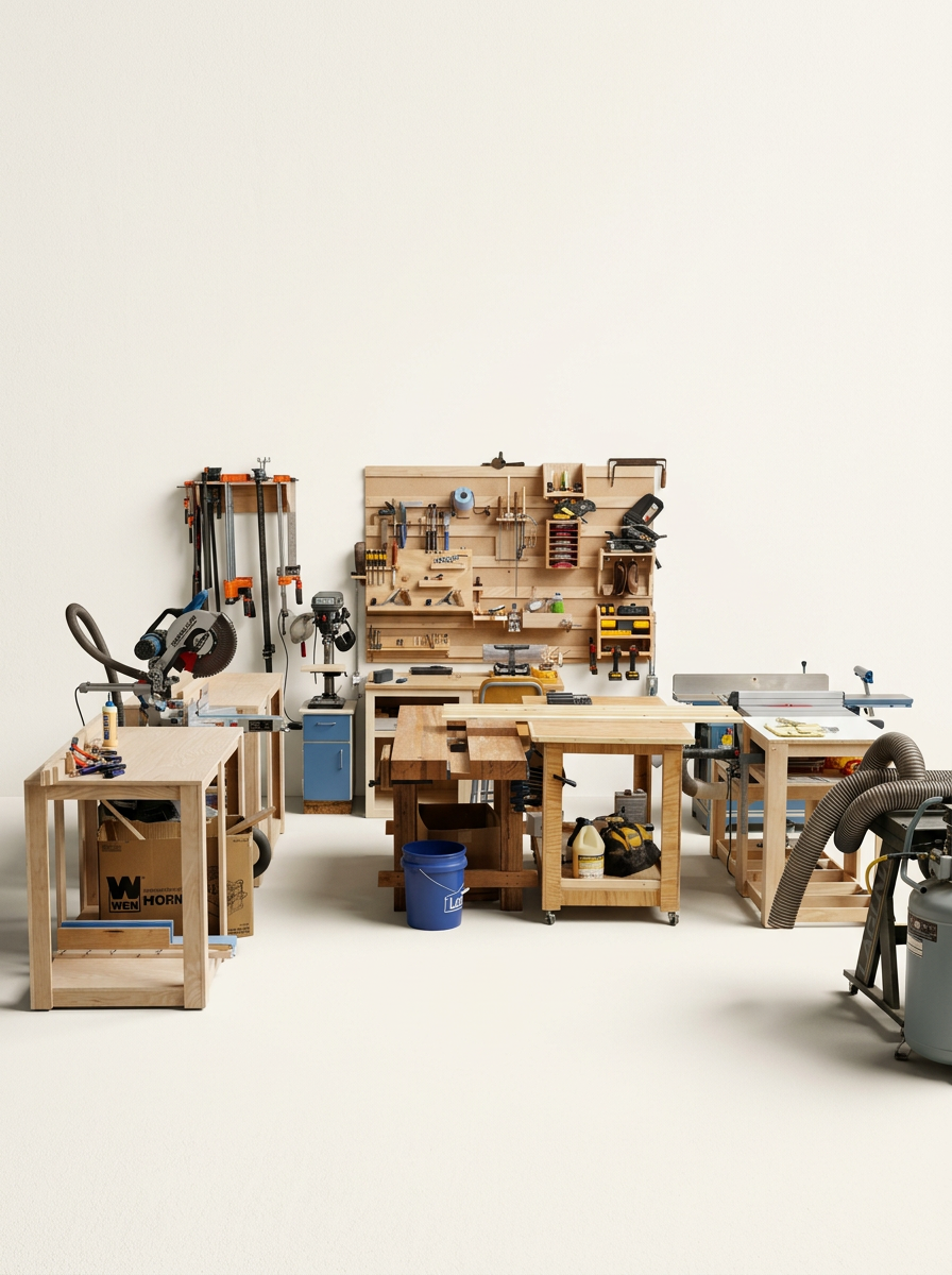 Workshop with various woodworking tools and equipment, including saws, clamps, drills, workbenches, and storage units.