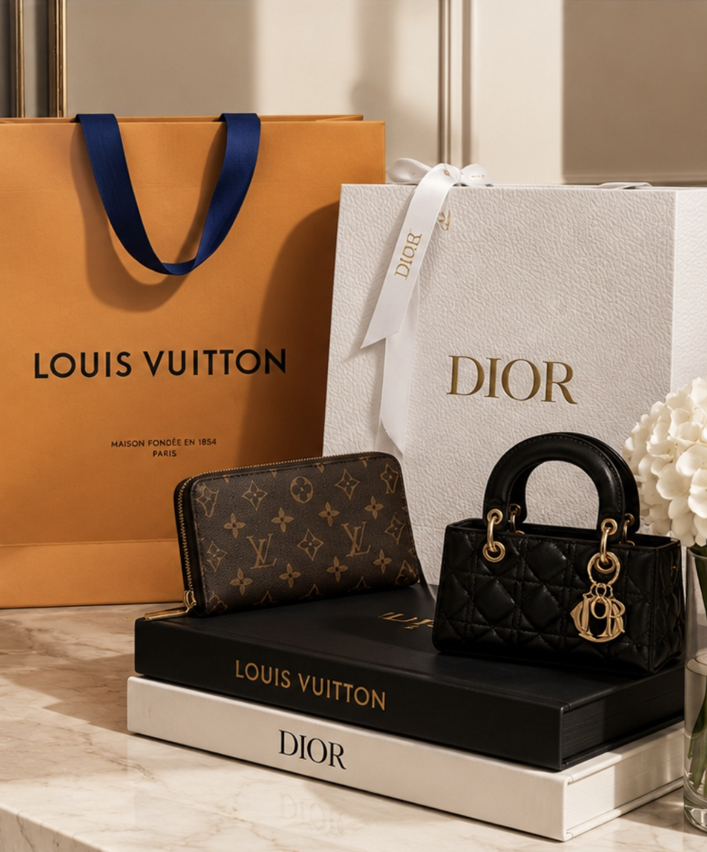 Luxury designer accessories including Louis Vuitton and Dior items, with shopping bags and a flower arrangement on a marble surface.