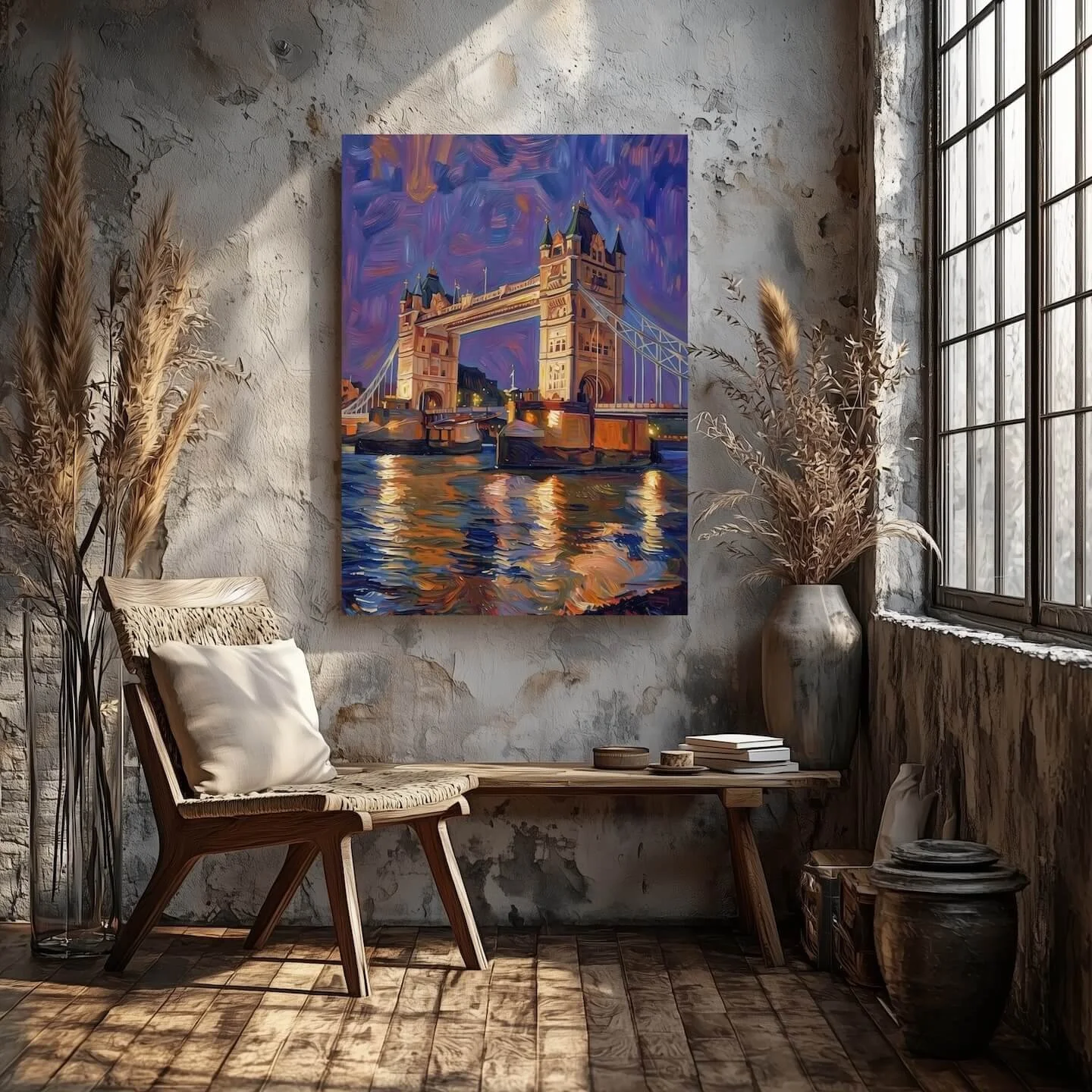 Vertical fine art photography canvas print of London Tower Bridge transformed into an impressionist oil painting style on wall