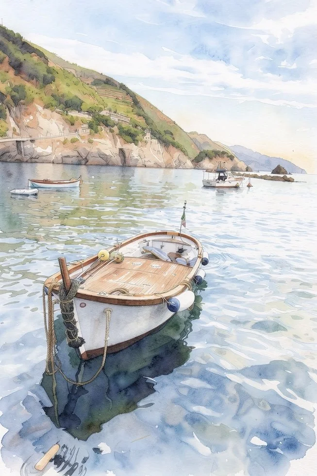 boat on italy coast watercolor art