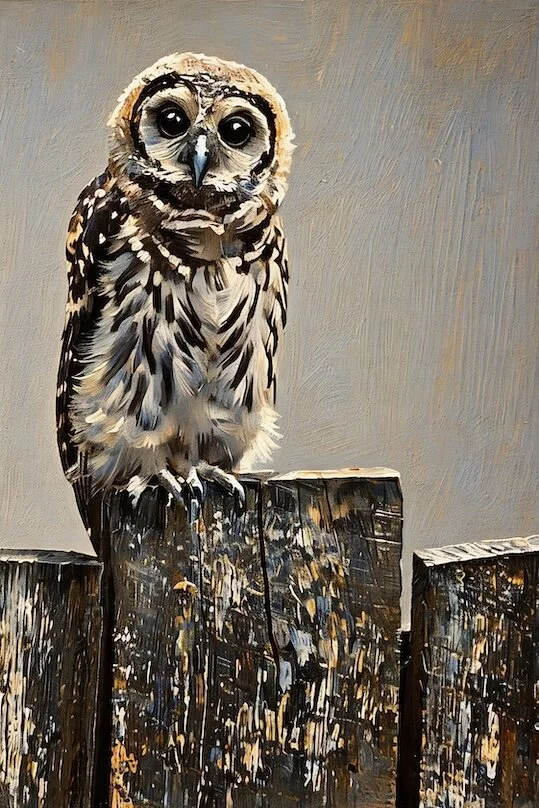 owl Barred oil on fence art