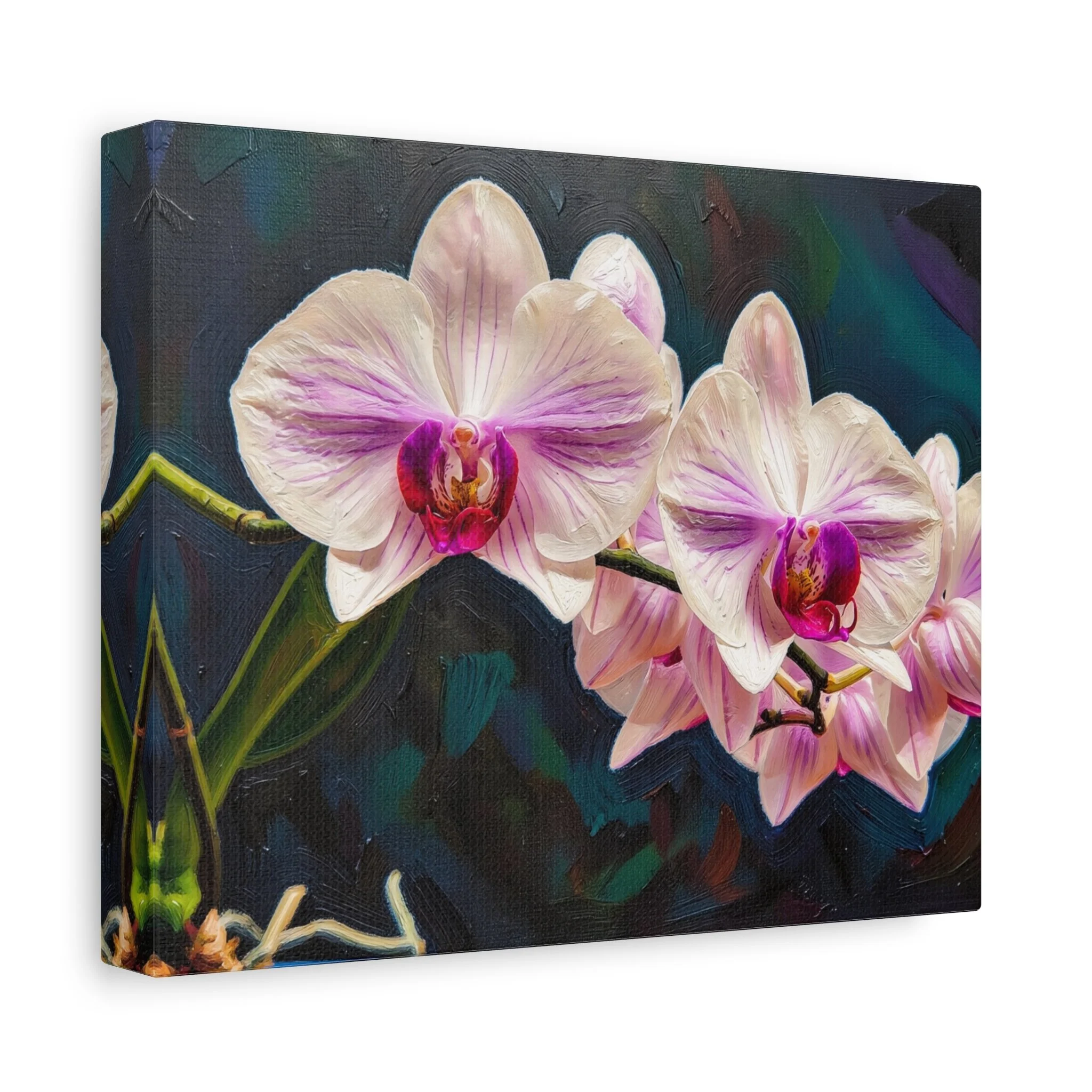 Close-up of a colorful painting of pink and white orchids with green leaves on a dark background.
