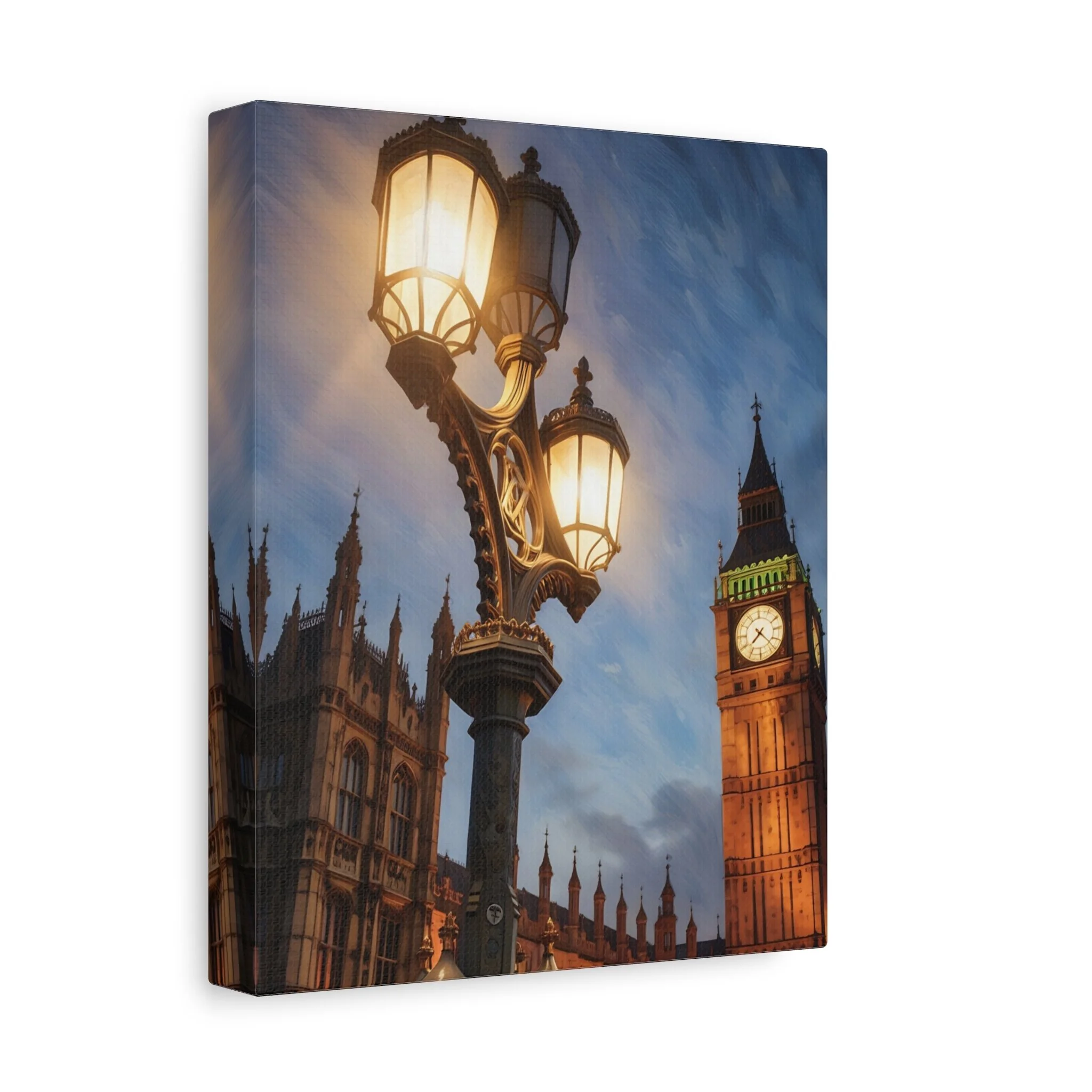 A twilight oil painting style canvas print featuring the illuminated Big Ben clock tower and the Palace of Westminster in London, framed by a glowing vintage street lamp on Westminster Bridge.