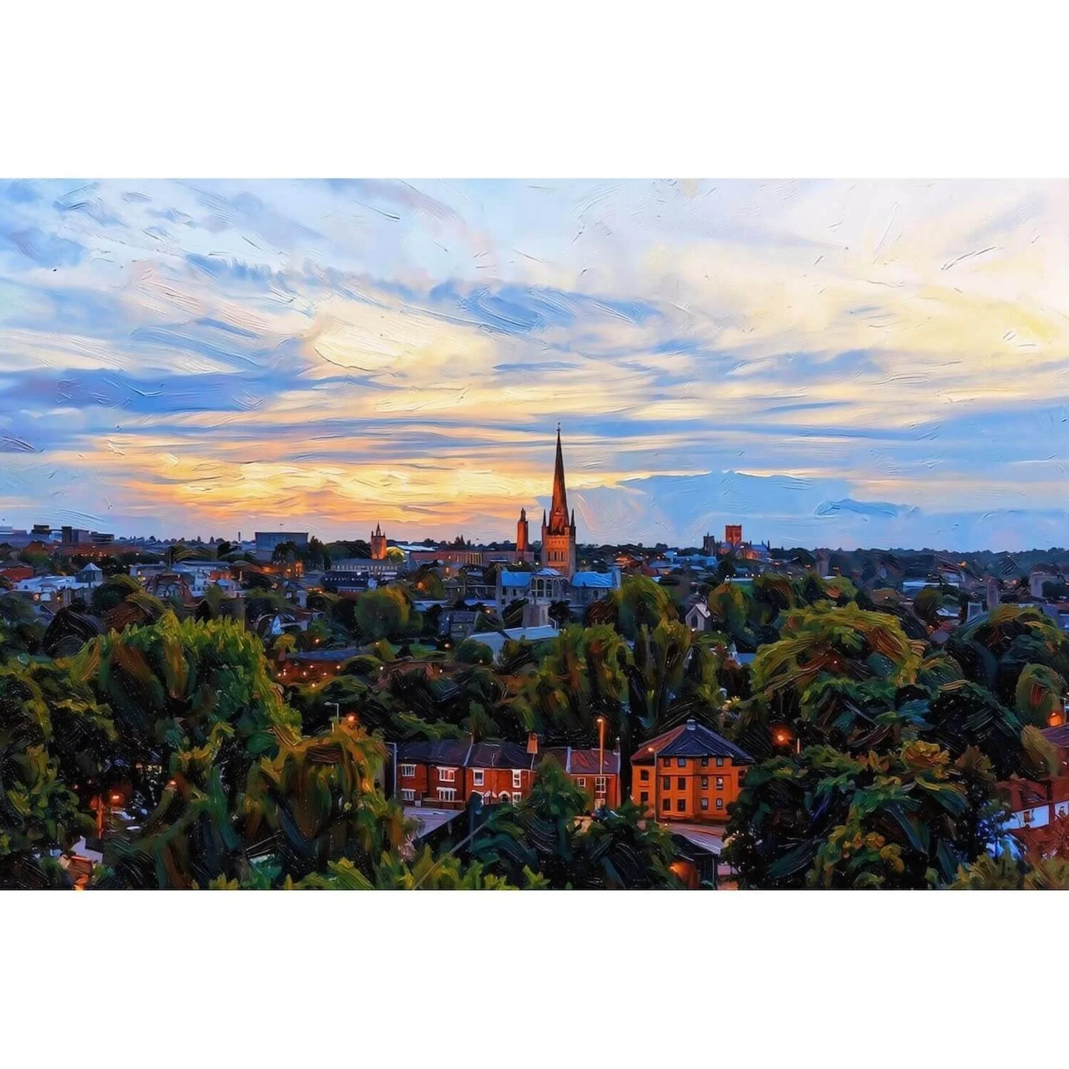Norfolk Evening Glow — Norwich Cathedral Skyline Fine Art Canvas (Oil Edition)