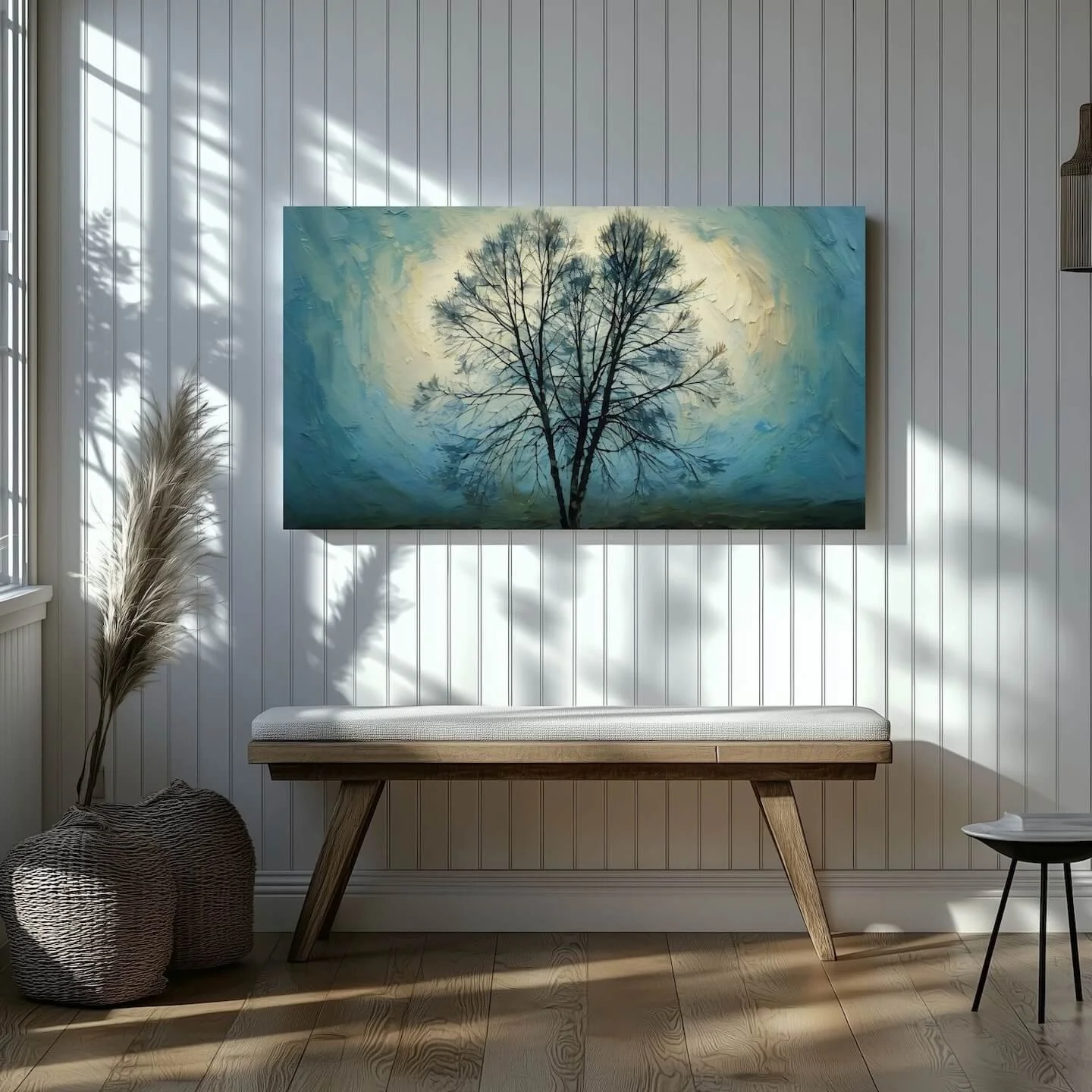 A moody digital oil painting of a single bare tree silhouette centered against a glowing white and blue sky with heavy impasto palette knife textures and bench