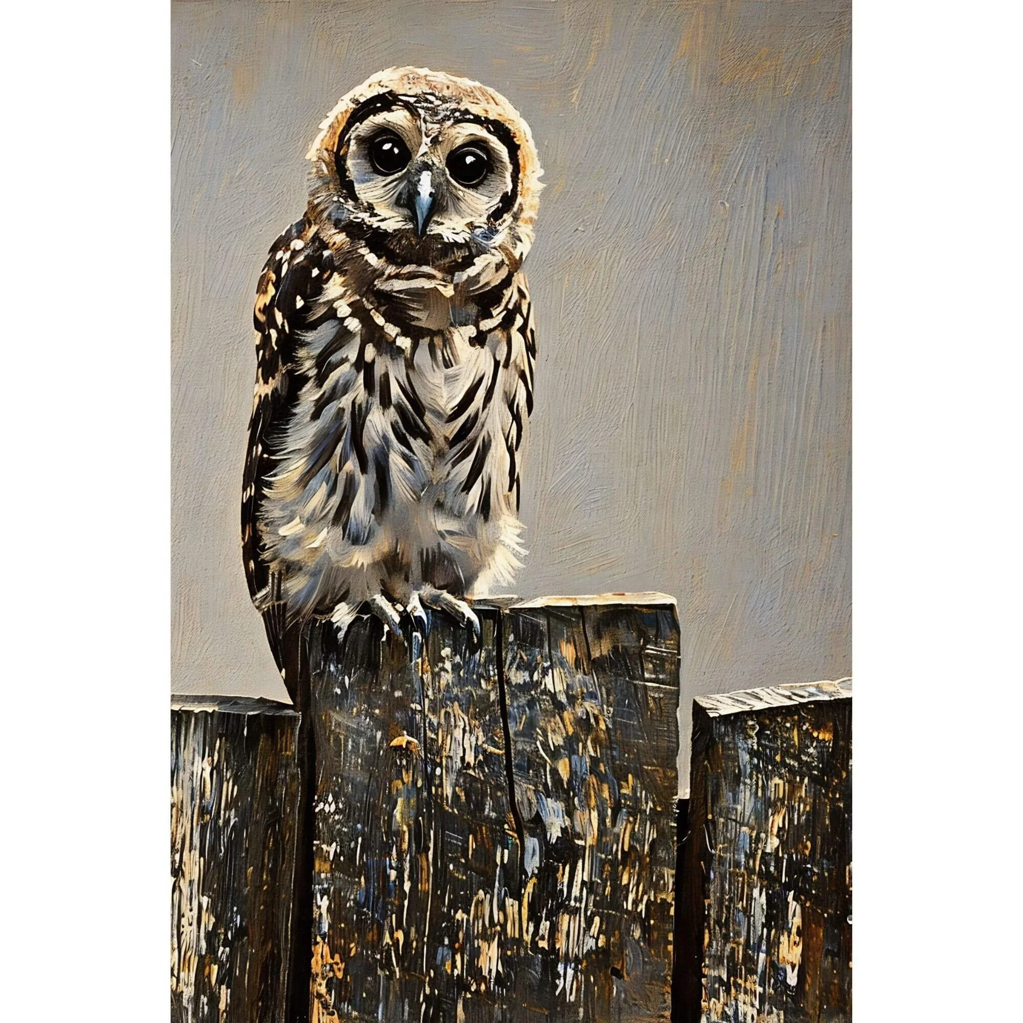 A painting of an owl with large black eyes, perched on a wooden post against a gray background.