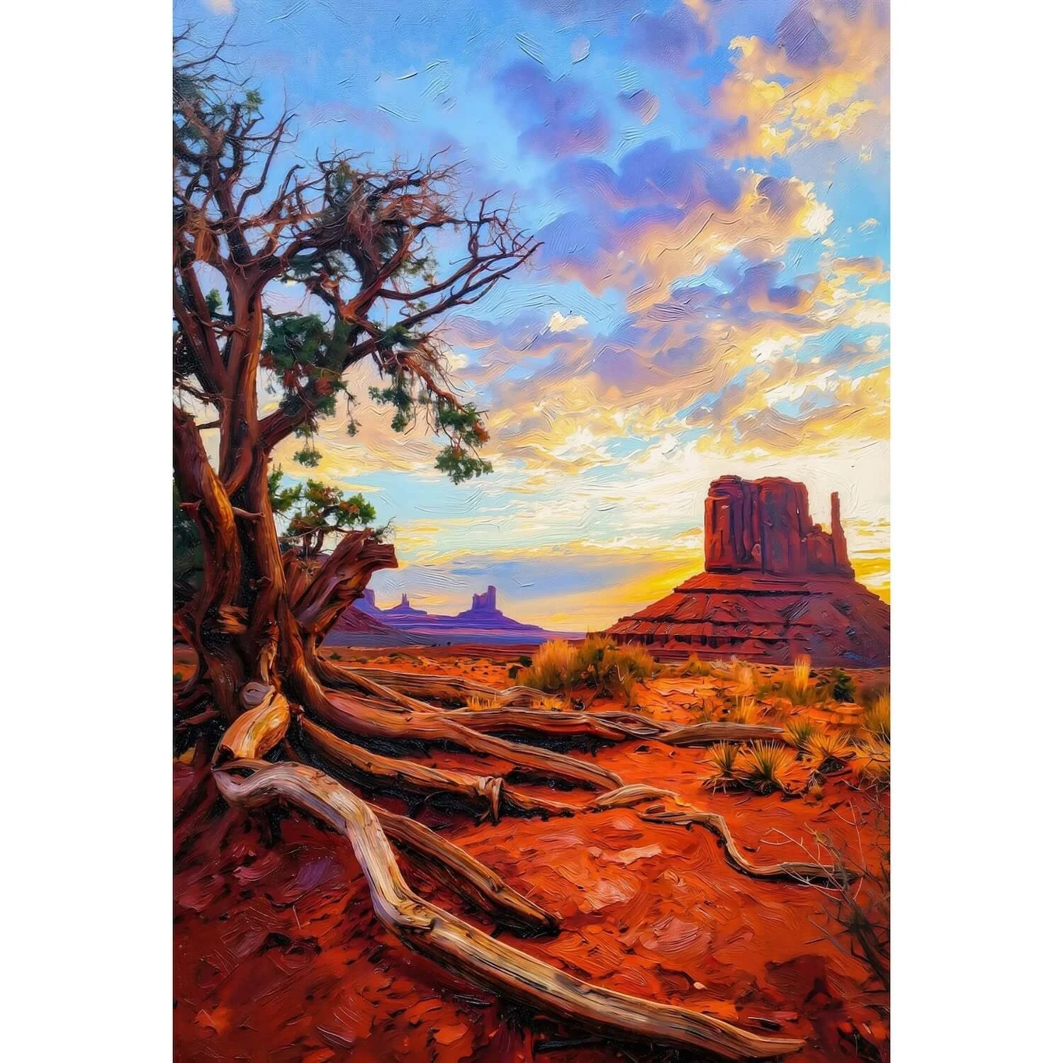 A fine art oil painting style canvas print of Monument Valley at sunset, showing a detailed gnarled tree with exposed roots on red desert ground