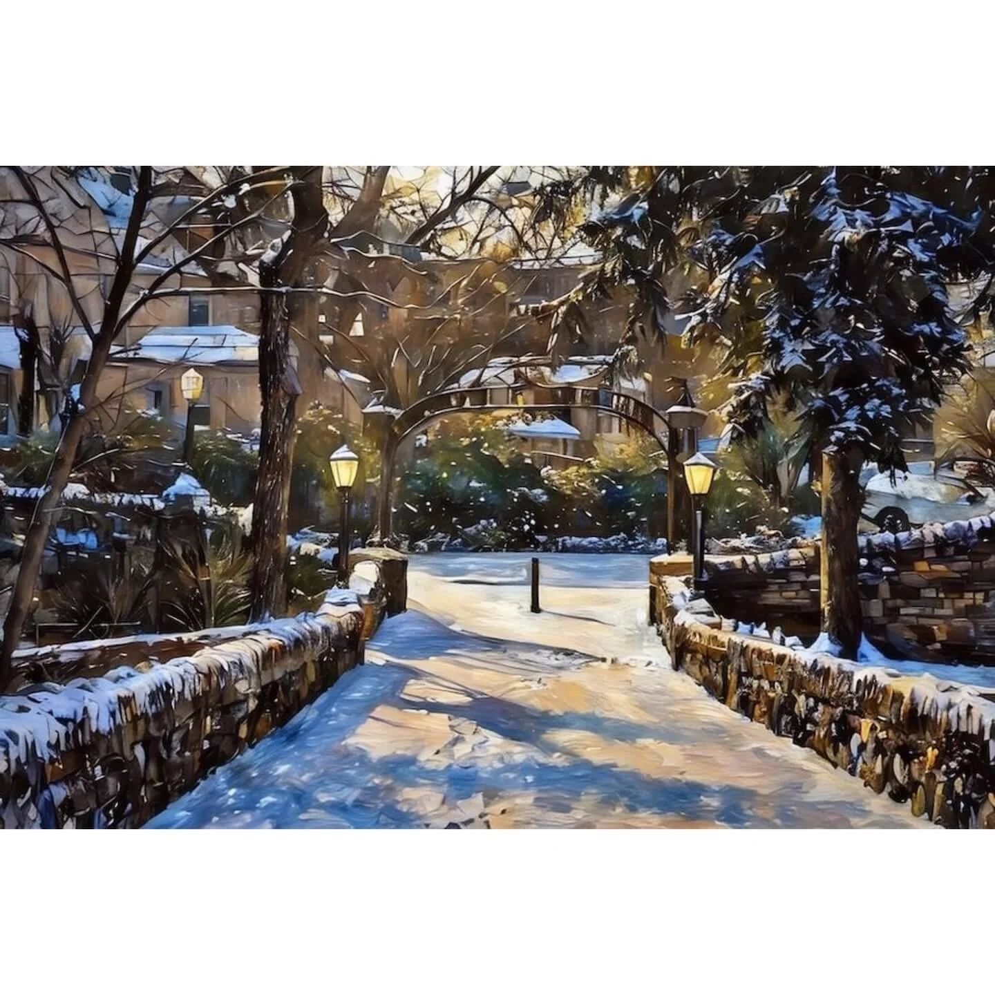 Digital oil painting canvas print of a snow-covered stone path and archway lit by glowing warm lampposts at dusk.