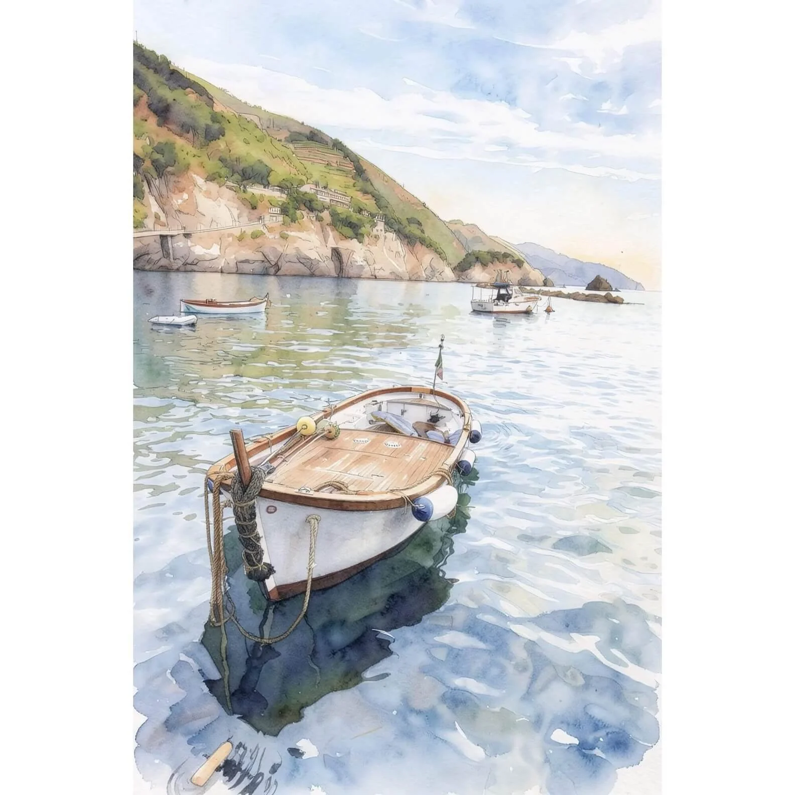 Cinque Terre Italy Coastline Fishing Boat Watercolor on Canvas