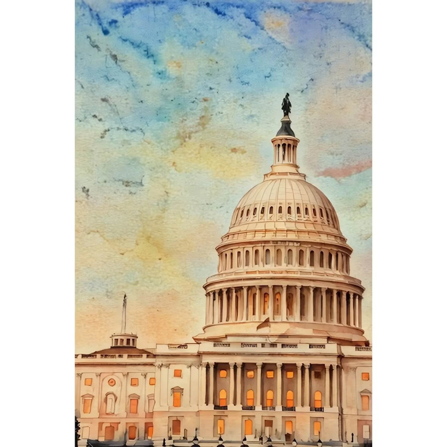 A breathtaking sunset view of the United States Capitol dome, reimagined through warm pastel oil brushstrokes. Available as a museum-grade 1.25" deep canvas. Free shipping included.