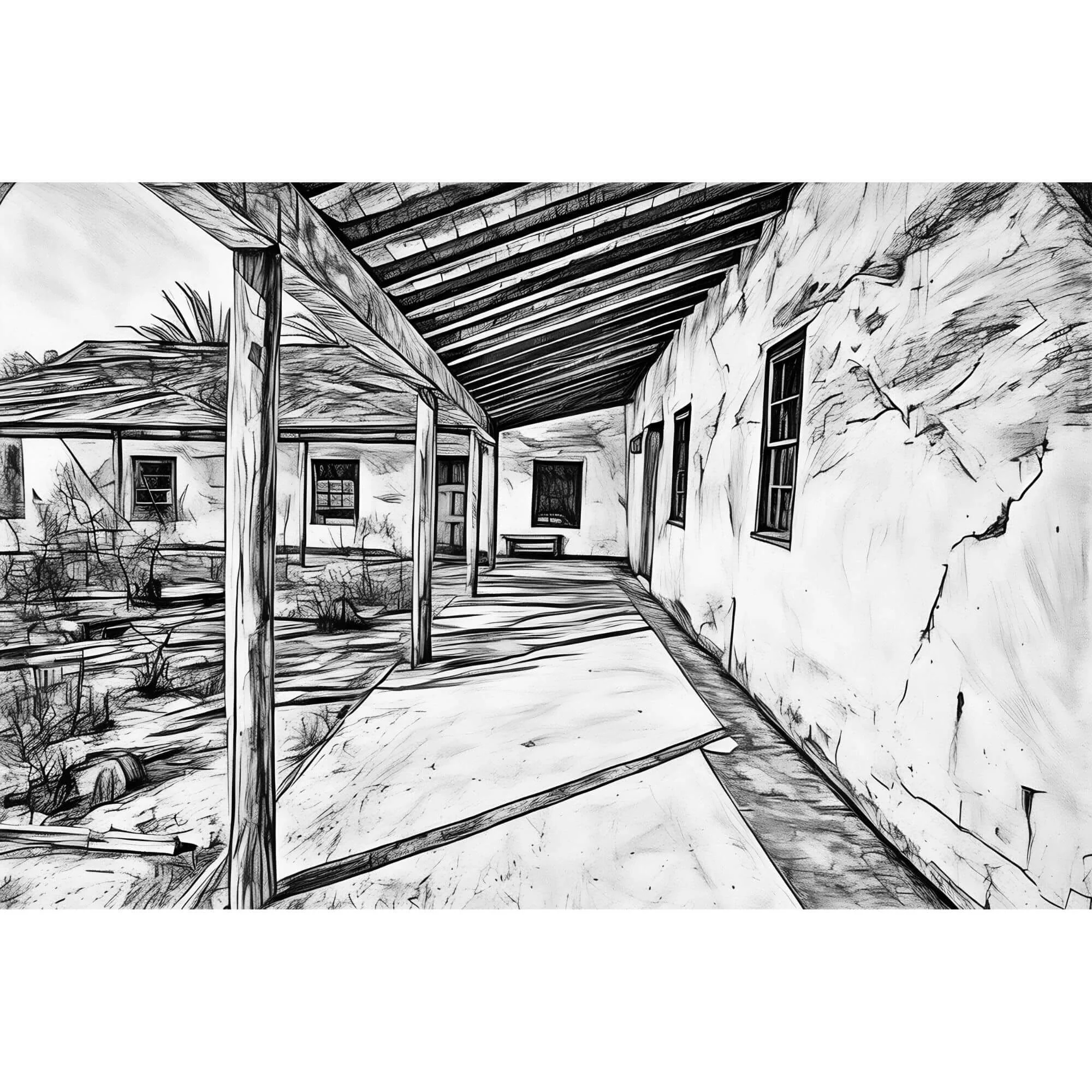 Old California Building Black and White Sketch